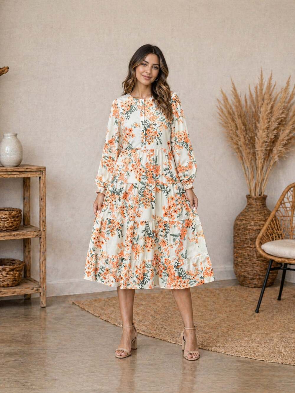 Aly Daly Floral Tiered Long Sleeve Maxi Dress Size S Cottagecore Boho
